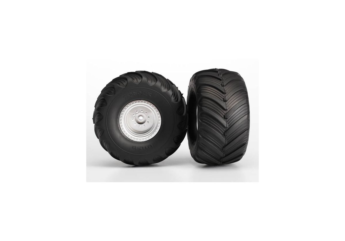 Traxxas 3665 Satin Chrome Monster Wheels with Terra Groove Tires (2)