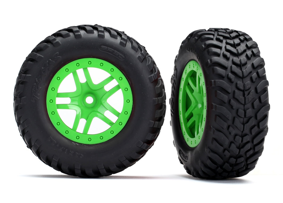 Traxxas 5892G — Traxxas 5892G Split-Spoke Green Wheels & Off-Road Tires (2)