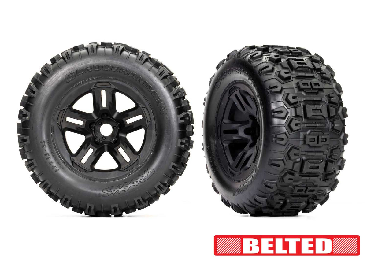 Traxxas 9573 — Traxxas 9573 3.8" Black Wheels & Belted Sledgehammer Tires (2)