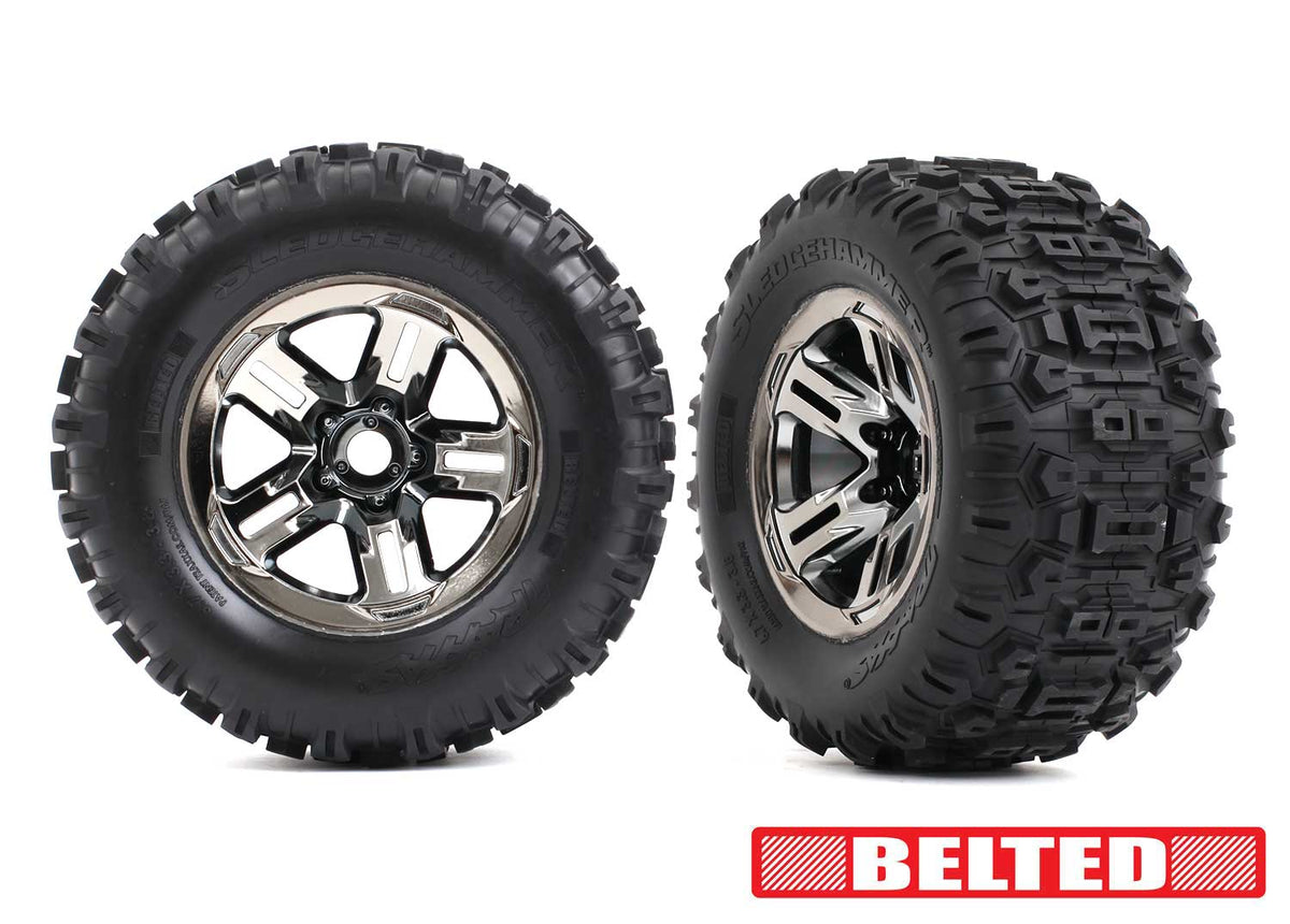 Traxxas 9573A — Traxxas 9573A 3.8" Blk Chrome Wheels & Belted Sledgehammer Tires (2)