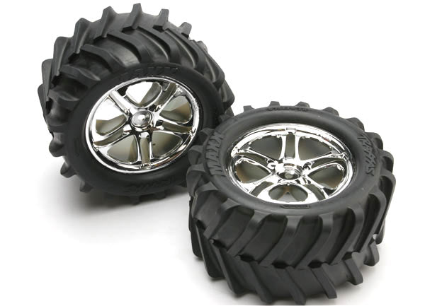 Traxxas 5173 — Traxxas 5173 Split-Spoke 3.8" Chrome Wheels & Chevron Tires (2)