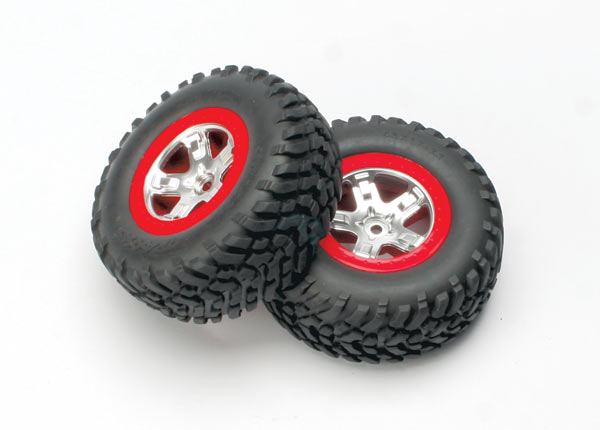 Traxxas 5873A — Traxxas 5873A SCT Satin Chrome & Red Wheels & Off-Road Tires (2)