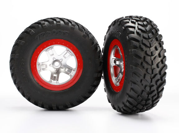 Traxxas 5873R — Traxxas 5873R SCT Satin Chrome & Red Wheels & S1 Compound Tires (2)