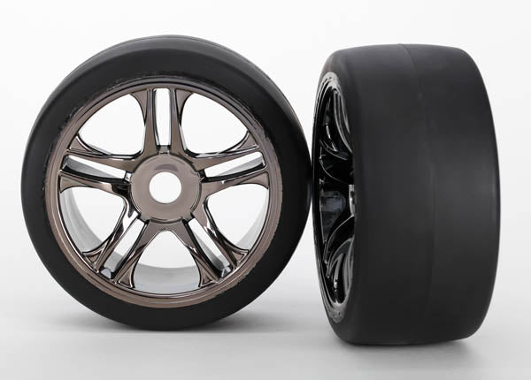 Traxxas 6477 — Traxxas 6477 Rear Black Chrome Wheels & Belted S1 Slick Tires (2)