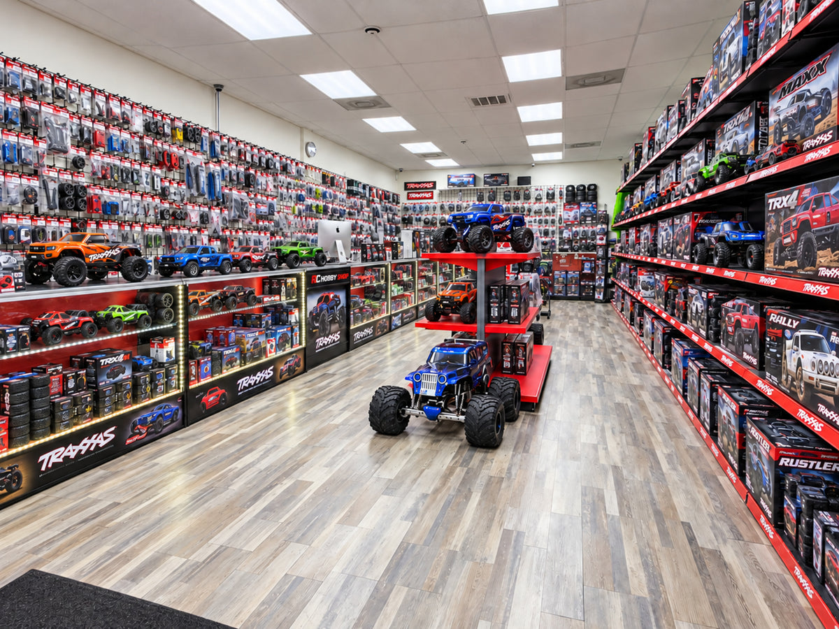 Inside RC Hobby Shop in Houston: Traxxas vehicles and parts on the shelves